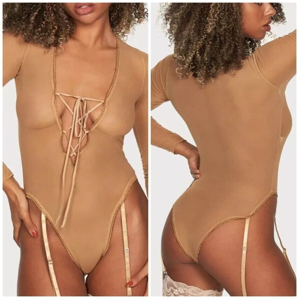 NWT Frederick’s of Hollywood Lola Lee Nude Mesh Teddy, Lace-Up, Garter Straps, S